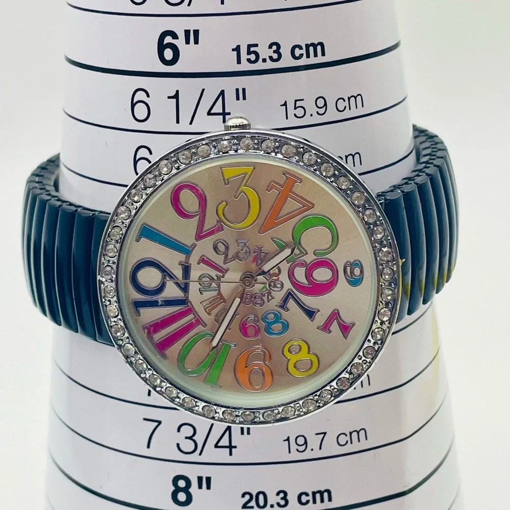 Geneva Multicolor Number Round Rhinestone Dial Watch with Black Stretch Band